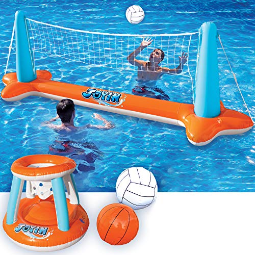 JOYIN Inflatable Pool Float Set Volleyball Net & Basketball Hoops, Floating Swimming Game Toy for Kids and Adults, Summer Floaties, Volleyball Court (105”x28”x35”)|Basketball (27”x23”x27”),L-Orange