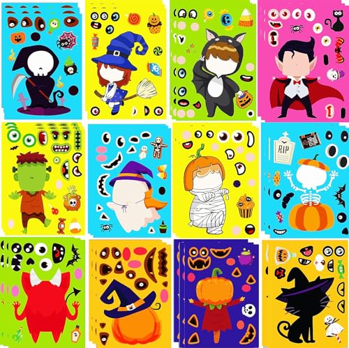 36 Sheets Halloween Stickers for Kids, Make Your Own Halloween Stickers, Halloween Crafts for Kids, Halloween Party Favors Games Stickers, Trick or Treat Halloween Party Supplies