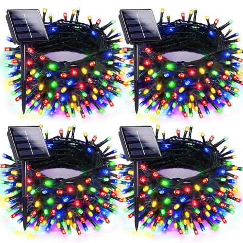 4pk Multi-Colored Solar Christmas Lights Outdoor Waterproof, 400 LED 132 FT Solar Powered LED String Lights Green Wire with 8 Modes, Solar Fairy Lights for Xmas Tree Party Wedding Garden Decorations