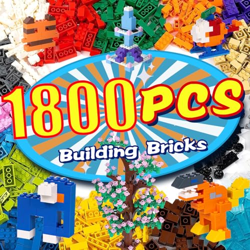 cumeysnon 1800 Pieces Building Bricks,205 Pcs Flowers and Tree Accessory,Bulk Classic Building Blocks Set, 14 Colors 18 Random Bulk Shapes, Creative Toy Gift for Boys Girls