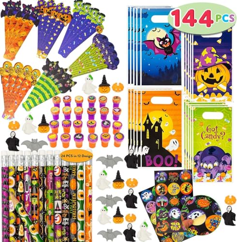 JOYIN 144 Pieces 24 Pack Assorted Halloween Themed Stationery Kids Gift Set Trick Treat Price Party Favor Toy Including Halloween Pencils, Rulers, Stickers, Stamps and Erasers in Trick or Treat Bags