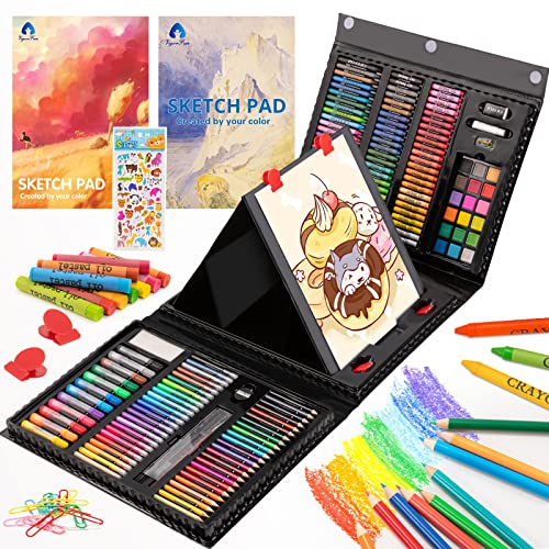 Art Supplies, 240-Piece Art Set Crafts Drawing Kits with Double Sided Trifold Easel, Includes Sketch Pads, Oil Pastels, Crayons, Colored Pencils, Gifts for Girls Boys Teen Ages 4-6-8-9-12 (Black)