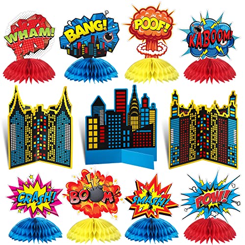 Funrous 11 Pieces Hero Party Decoration Hero Honeycomb Centerpieces 3D Hero Table Topper Paper Large Word Centerpieces Fun Hero Action Sign Standing Cards for Birthday Party Baby Shower Decor Supplies