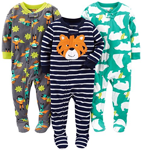 Simple Joys by Carter's Baby Boys' 3-Pack Loose Fit Flame Resistant Fleece Footed Pajamas, Charcoal Superhero/Green Polar Bear/Navy Tiger, 18 Months