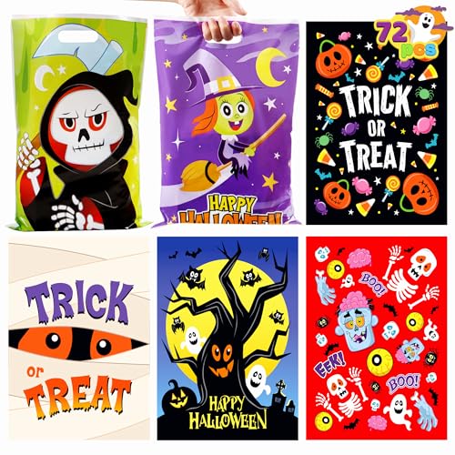 JOYIN 72 Pcs Halloween Candy Bags, Trick or Treating Goodie Bags in 6 Halloween Character Themed Designs for Kids Halloween Party Favor, Plastic Snacks Stuffers Bag for Party Supplies