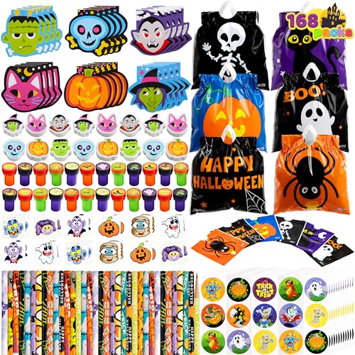 JOYIN 168 Pcs 24 Pack Assorted Halloween Art and Craft Stationery Kids Gift Set Trick or Treat Party Favor Toy Including Halloween Bag, Notepads, Stamps, Pencils, Stickers and Temporary Tattoos