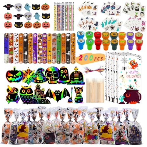 WOONOO 200 PCS Halloween Goodie Bag Fillers Stationery Set, Assorted Halloween Party Favors for Kids, Kids Halloween Toys Bulk Non Candy Halloween Treats Pencils, Eraser, Stamps, Slap Bracelets