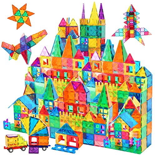 AFUNX Magnetic Tiles,102PCS Magnetic Building Blocks 3D Clear Construction Playboards, Inspiration, Creativity Beyond Imagination, Educational Magnet Toy Set for Kids with 2 Cars