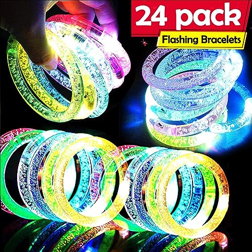 24 Pack Halloween Glow In The Dark LED Bracelets Halloween Treats Party Favors Flashing Light Up Bracelet Glow Sticks Party Toys Neon Halloween Party Accessory Birthday Carnival Party Supplies Gifts