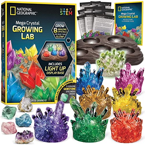 NATIONAL GEOGRAPHIC Mega Crystal Growing Kit for Kids- Grow 8 Crystals with Light-Up Stand, Science Gifts for Kids 8-12, Crystal Making Experiment, Science Kit for Girls and Boys