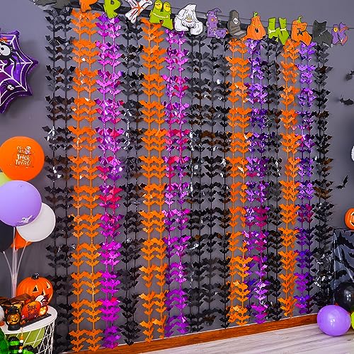 LOLStar Halloween Party Decoration, 2 Pack Black Orange and Purple Bat Photo Booth Props, 3.3 x 6.6 ft Halloween Foil Fringe Curtains, Halloween Photo Backdrop Streamers for Halloween Party Supplies