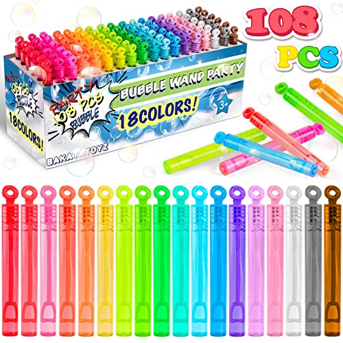 Bakatatoyz 108 Pack 18 Colors Mini Bubble Wand Bulk Assortment, Kid Party Favors Toy for Carnival Prizes, Goody Bag Stuffers, Themed Birthday, Halloween Treat or Trick Gift for Boys Girls Child