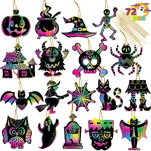 JOYIN 72 Pcs Halloween Rainbow Scratch Art Crafts for Kid, Halloween Party Favors, Scratch Paper for Party Supplies, Classroom Activities Gifts Party Game Goodies, Scratch Off Paper with 18 Designs