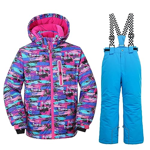 WOWULOVELY Girls Thicken Warm Snowsuit Hooded Ski Jacket Pants 2 Pcs Set Skiing Jacket with Pants(23 Blue,Size 6)