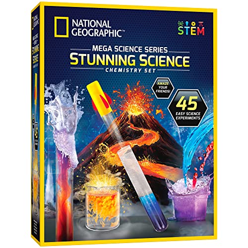 NATIONAL GEOGRAPHIC Stunning Chemistry Set - Mega Science Kit with 45 Easy Experiments- Make a Volcano and Launch a Rocket, STEM Projects for Kids Ages 8-12, Science Toys (Amazon Exclusive)