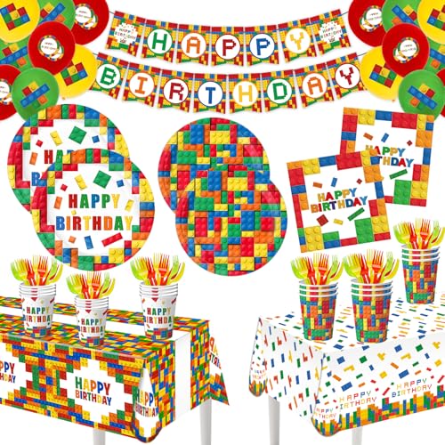 Building Block Party Plates Building Block Birthday Party Supplies Decorations Serve 25 including Disposable Paper Plates Napkins, Cups, Forks, Tablecloth, Happy Birthday Banner, and Balloons