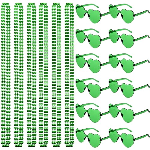 Mepase 24 Pcs Mardi Gras Beads Necklaces and 12 Pcs Heart Sunglasses 80s Accessories for Adults Birthday Carnival Party Favor(Green)