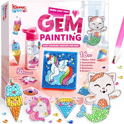 Klever Kits 16 Projects Gem Painting, Kids Diamond Gem Painting Kit with 5D Gem, Arts and Crafts for Girls Ages 6-12, Gem Craft Activities Kits, Premium Art Gift Ideas for Girls Crafts Ages 6, 7, 8+