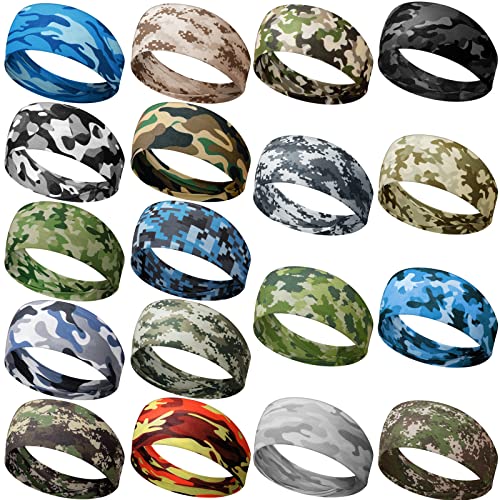 Wavyknot 18 Pcs Sports Sweatbands for Men Women Camo Headbands Workout Non Slip Headbands Breathable Head Band Fitness Stretchy Unisex Hairband for Yoga Running Cycling Ball (Camouflage,Classic)