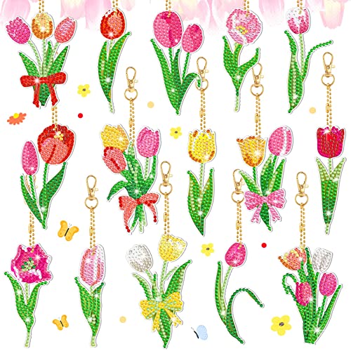 15 Pcs Spring Diamond Painting Keychain Kits Flower Diamond Art Keychains Tulips Diamond Painting Ornaments Spring Diamond Art Set for Adults Kids Crafts Purse Backpack Handbag