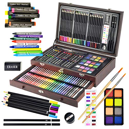 Sunnyglade 145 Piece Deluxe Art Set, Wooden Box & Drawing Kit with Crayons, Oil Pastels, Colored Pencils, Watercolor Cakes, Sketch Pencils, Paint Brush, Sharpener, Eraser, Color Chart (Cherry)