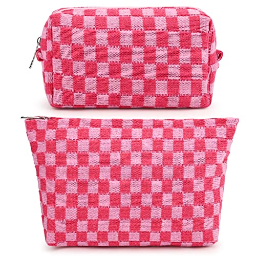 SOIDRAM 2 Pieces Makeup Bag Large Checkered Cosmetic Bag Capacity Canvas Mix Travel Toiletry Bag Organizer Cute Makeup Brushes Aesthetic Accessories Storage Bag for Women, Checkered Mix Rose Red