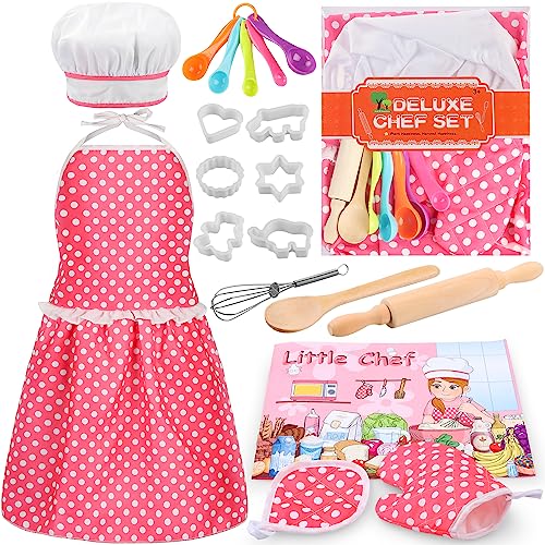 Kids Cooking Baking Set 19Pcs, Kids Chef Role Play Costume Set - Chef Hat and Matching Pink Apron Children Dress up Pretend Gift for 3 4 5 6 7 8 Year Old Girls Toys