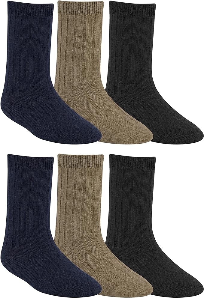 Boys 6 Pair Multi Pack Soft Cotton Solid Dress, Uniform Ribbed Crew Socks Assorted Colors in Black, Tan, Navy, Size Large, Boys 11+, Shoe Size 4-8