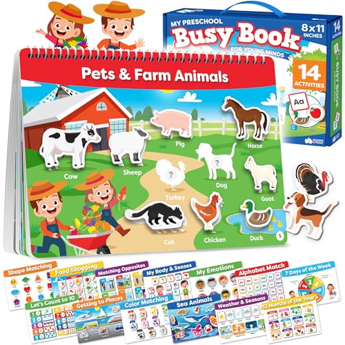 My Preschool Busy Book for Montessori Toddlers Ages 3 and Up - Preassembled - Preschool Learning Activities Homeschool Montessori Toys - Gifts for 3 Year Old Boys - 4 Year Old Girl Birthday Gifts